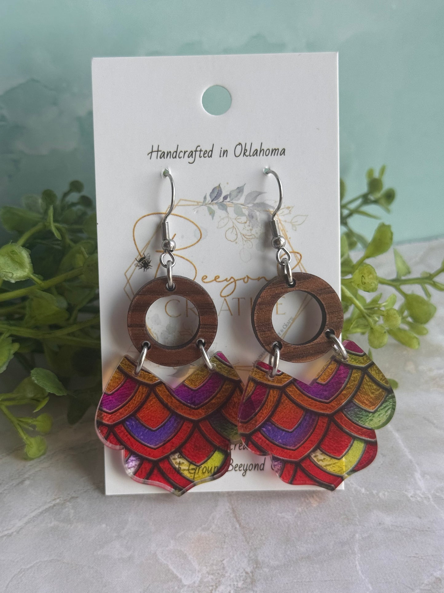 Wood and Faux Acrylic Stain Glass Earrings