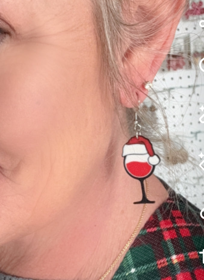 Santa Hat Wine Glass Earrings