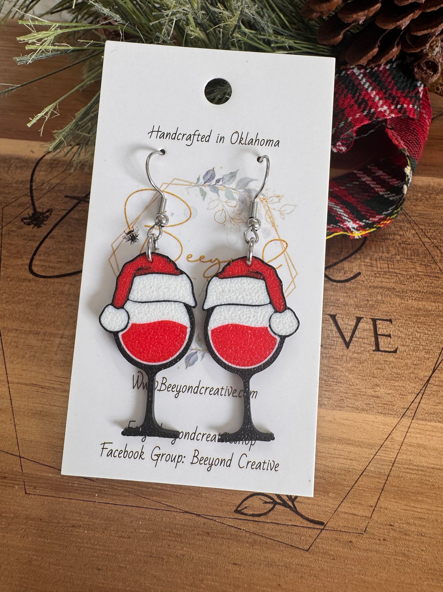 Santa Hat Wine Glass Earrings