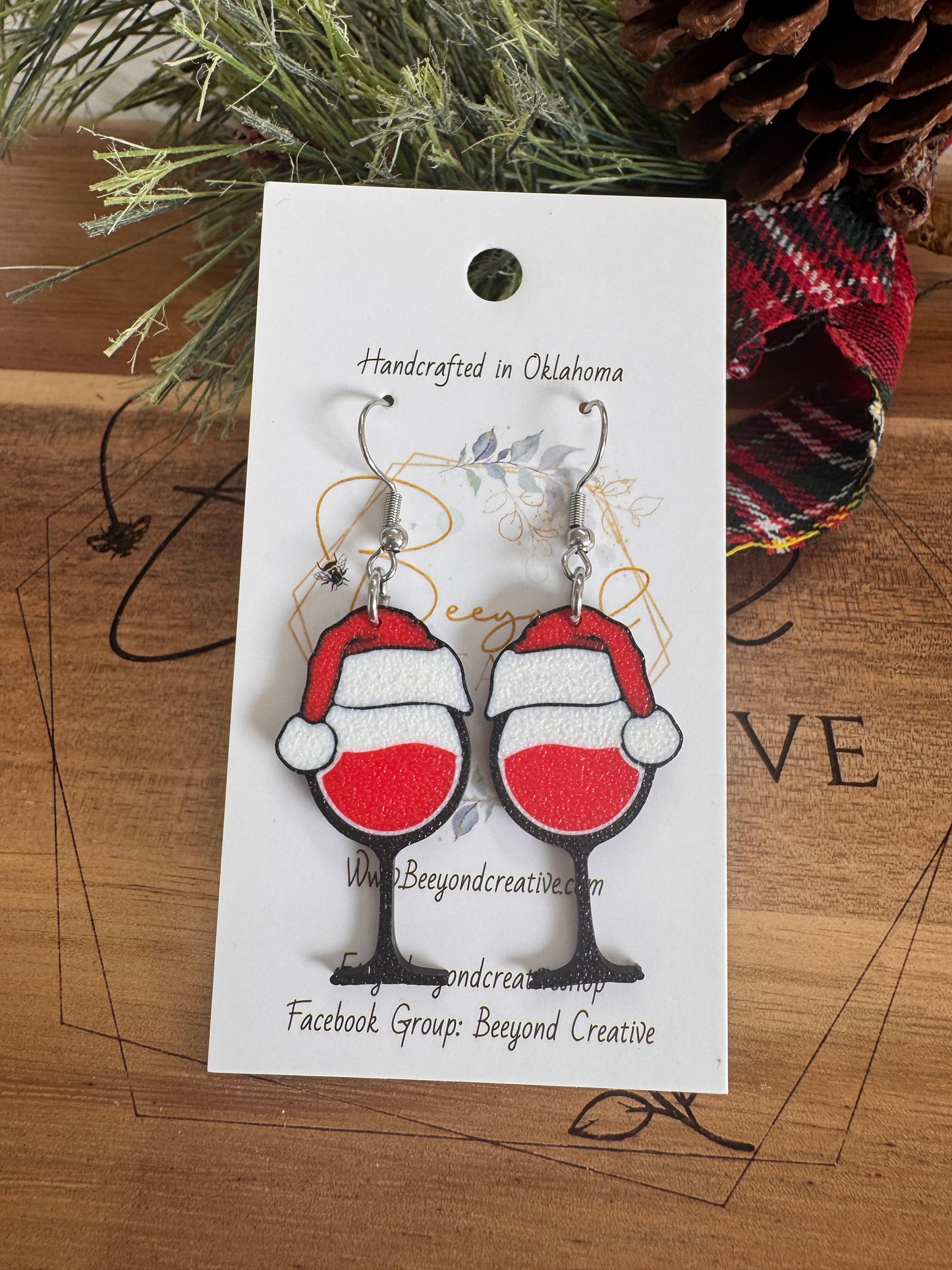 Santa Hat Wine Glass Earrings