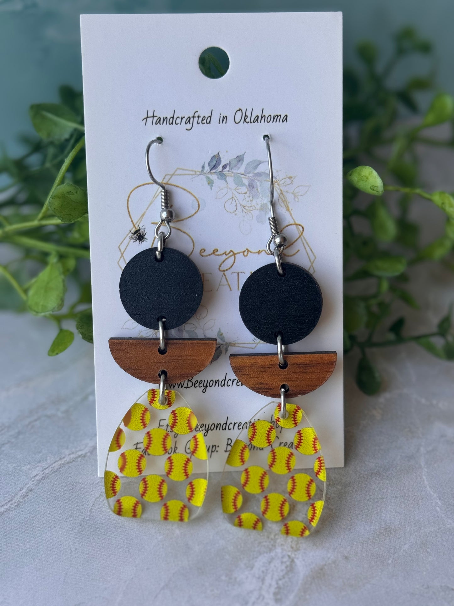 Three piece Acrylic and Wood Softball Earrings